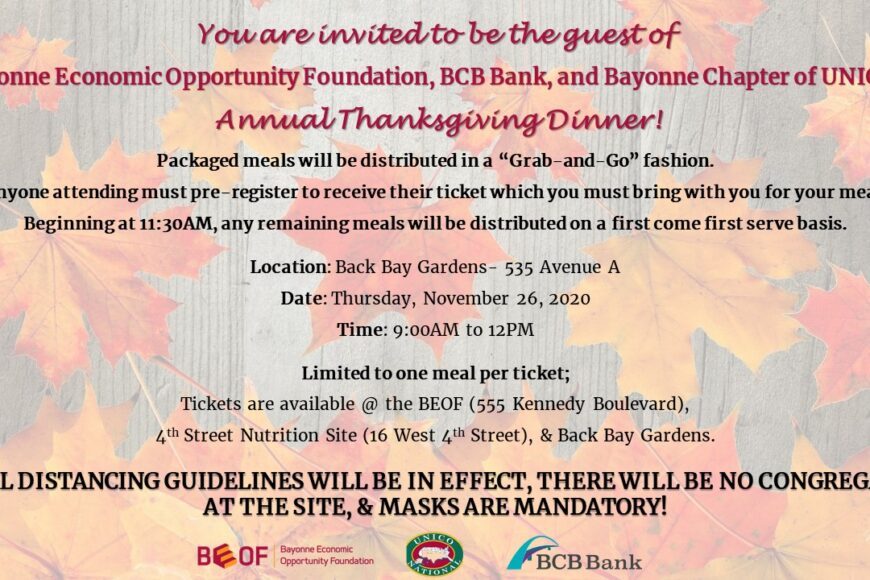 BEOF to host “Grab-and-Go” Thanksgiving Dinner